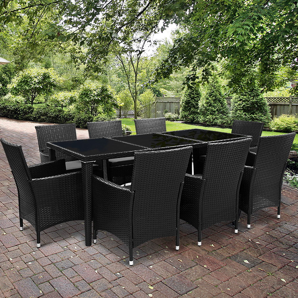 Gardeon Outdoor Dining Set 9 Piece Wicker Lounge Setting Black - Cosy Abode