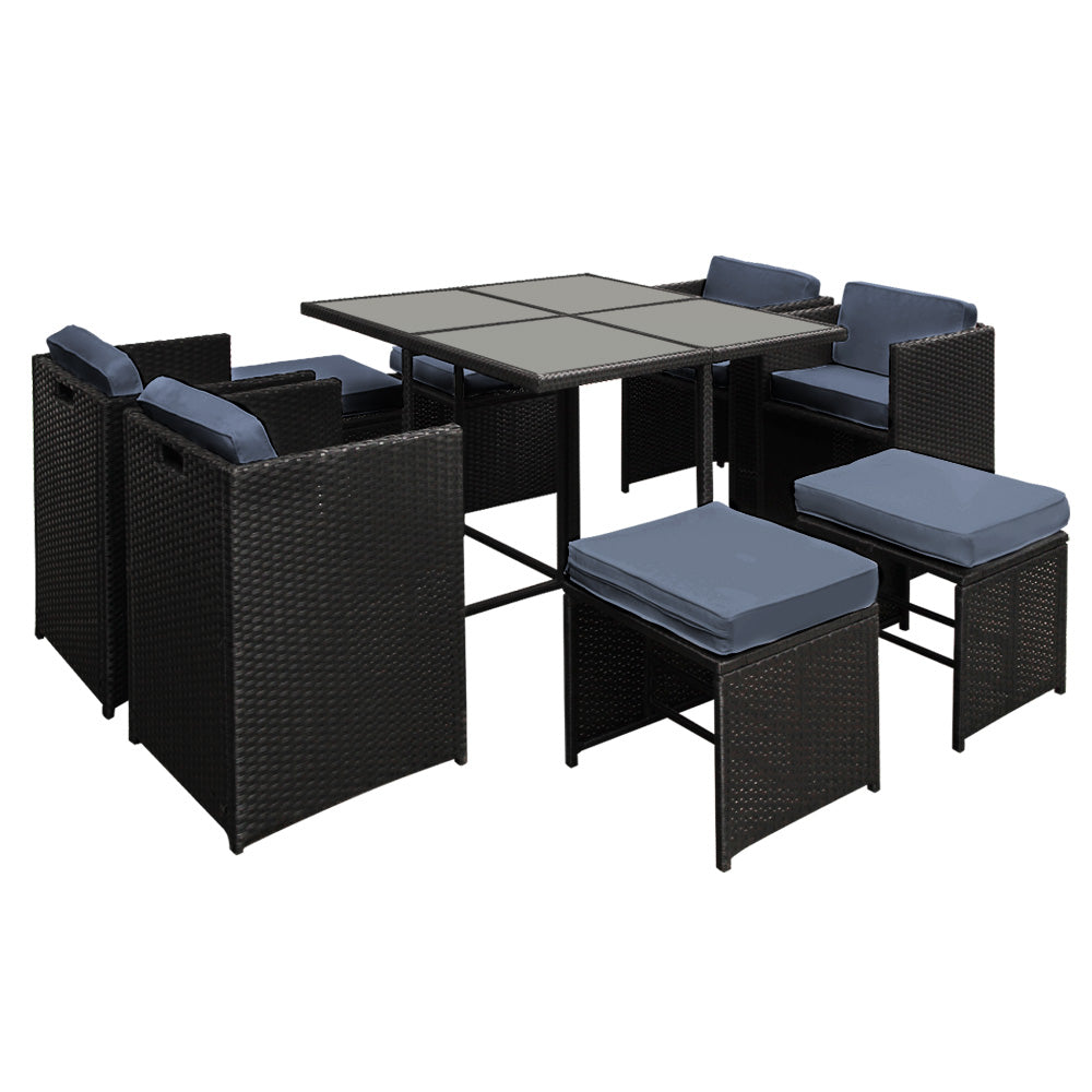 Gardeon Outdoor Dining Set 9 Piece Wicker Table Chairs Setting Black - Cosy Abode