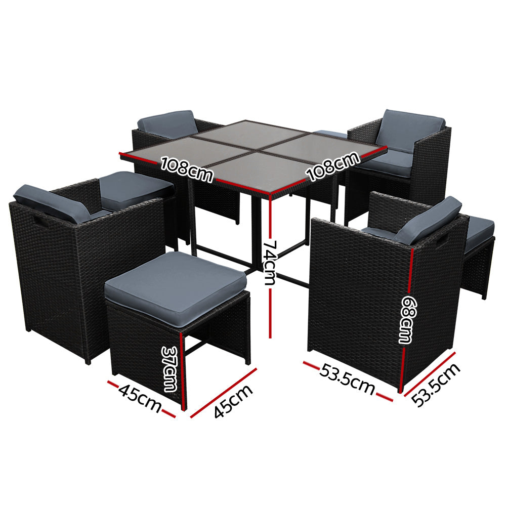 Gardeon Outdoor Dining Set 9 Piece Wicker Table Chairs Setting Black - Cosy Abode