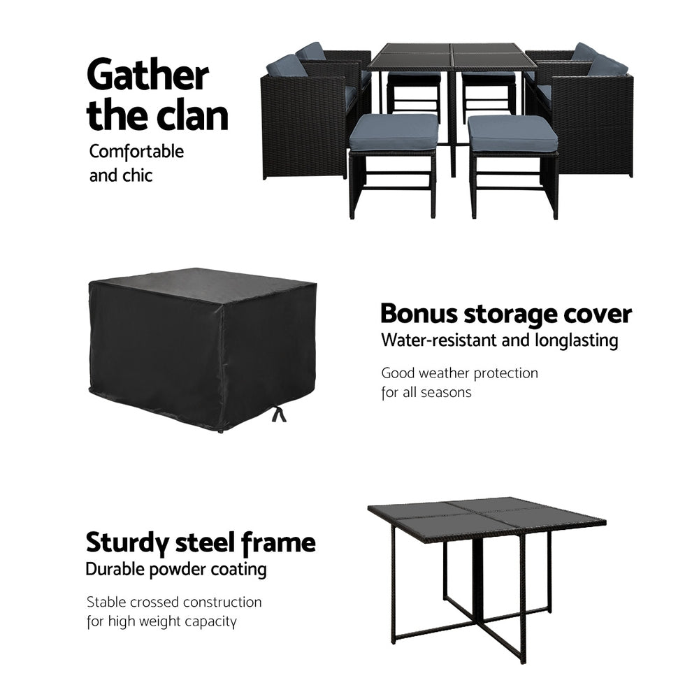 Gardeon Outdoor Dining Set 9 Piece Wicker Table Chairs Setting Black - Cosy Abode