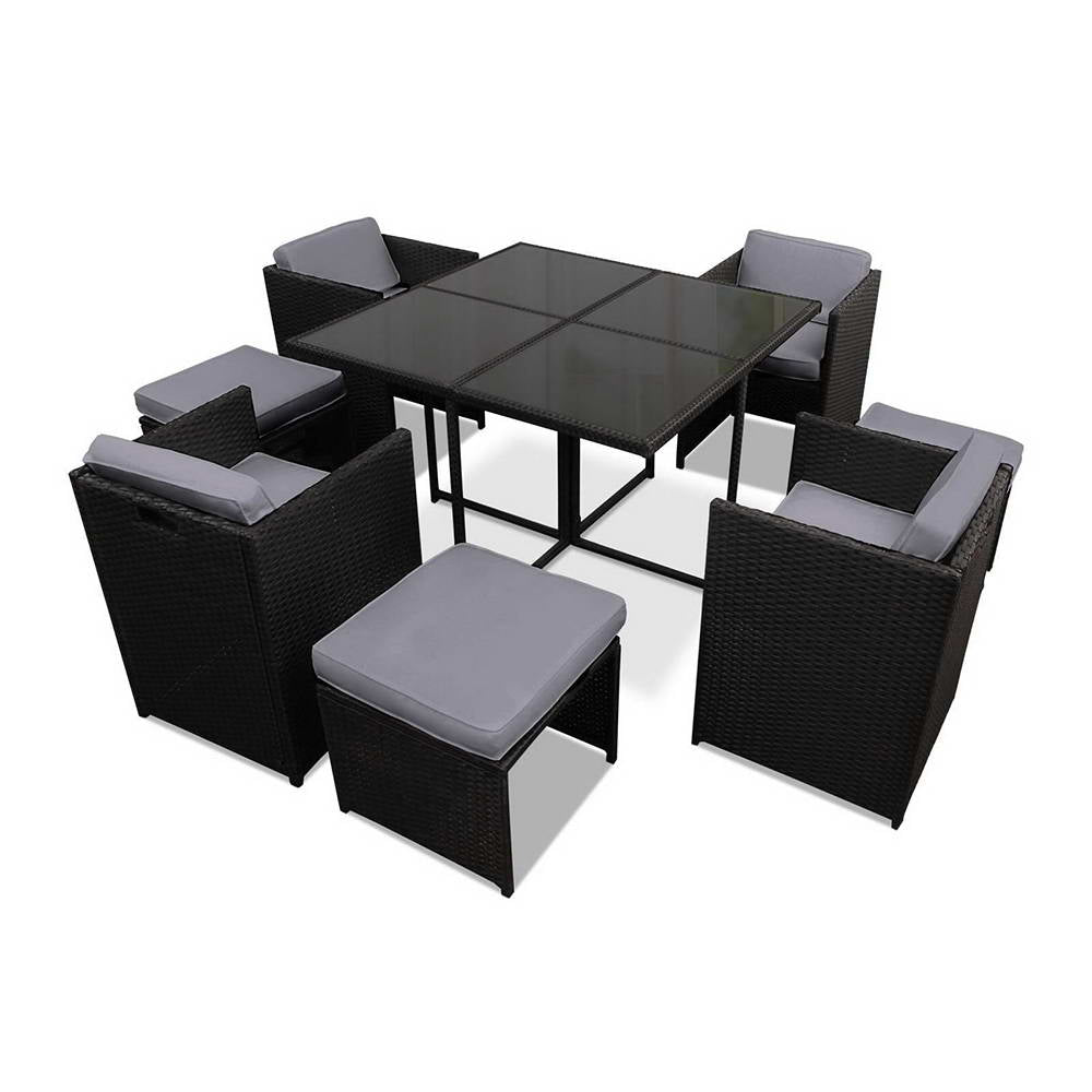 Gardeon Outdoor Dining Set 9 Piece Wicker Table Chairs Setting Black - Cosy Abode