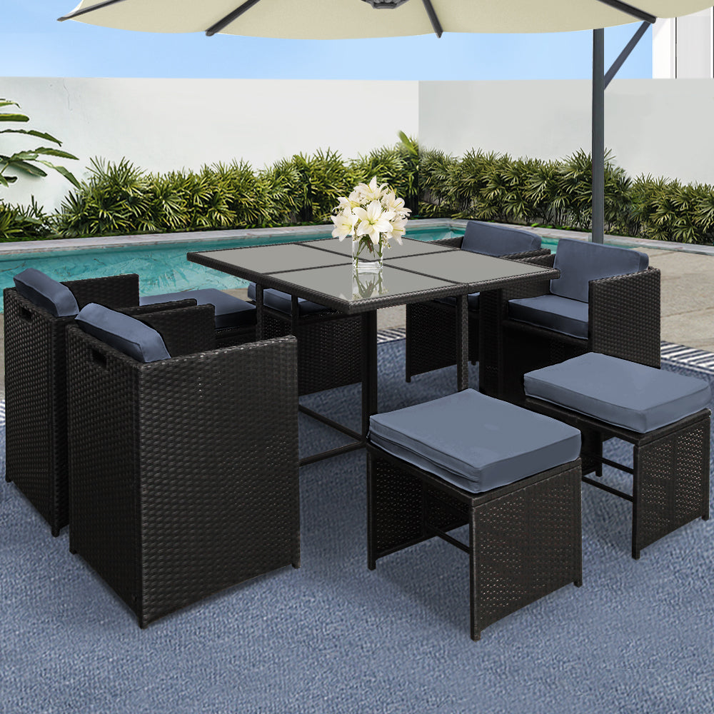 Gardeon Outdoor Dining Set 9 Piece Wicker Table Chairs Setting Black - Cosy Abode