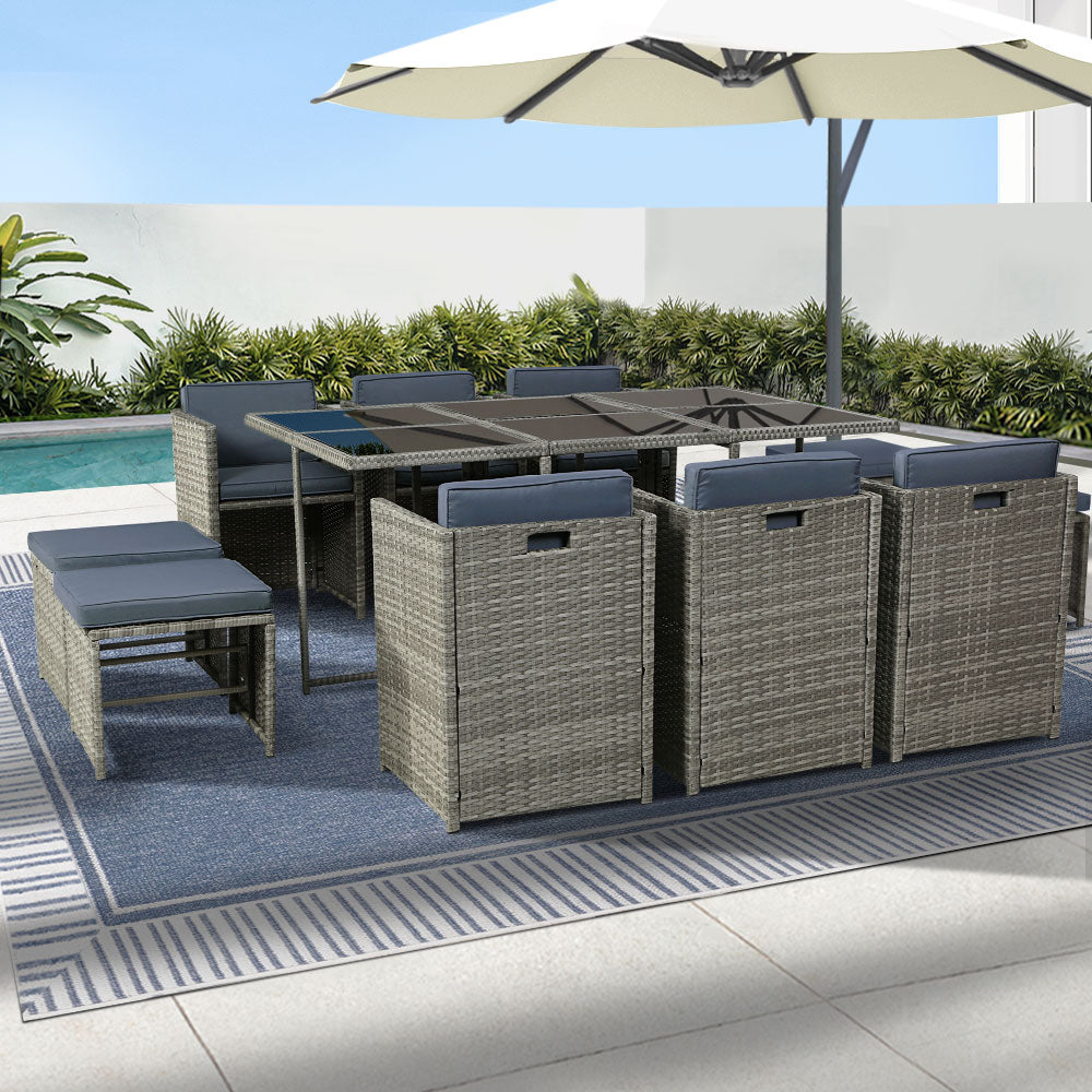 Gardeon Outdoor Dining Set 9 Piece Wicker Table Chairs Setting Grey - Cosy Abode
