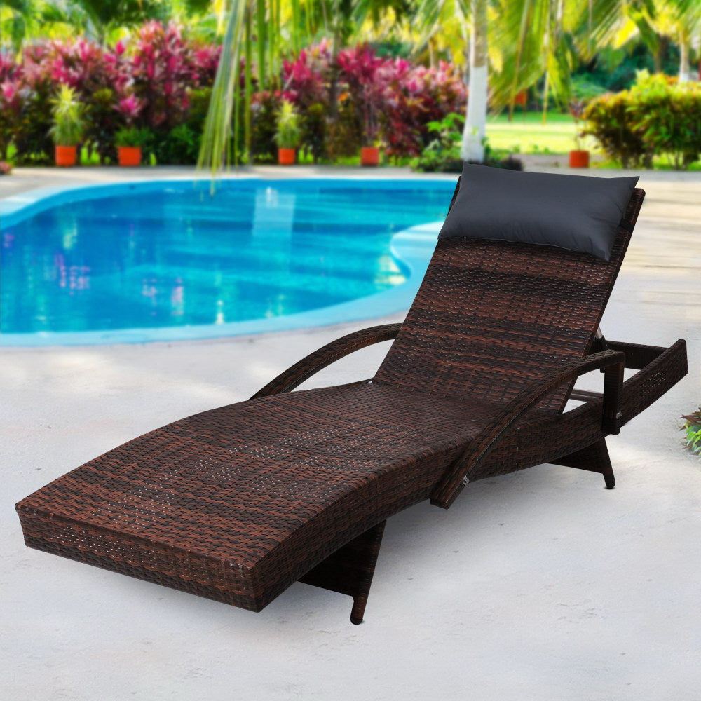 Gardeon Sun Lounge Wicker Lounger Outdoor Furniture Beach Chair Armrest Adjustable Brown - Cosy Abode