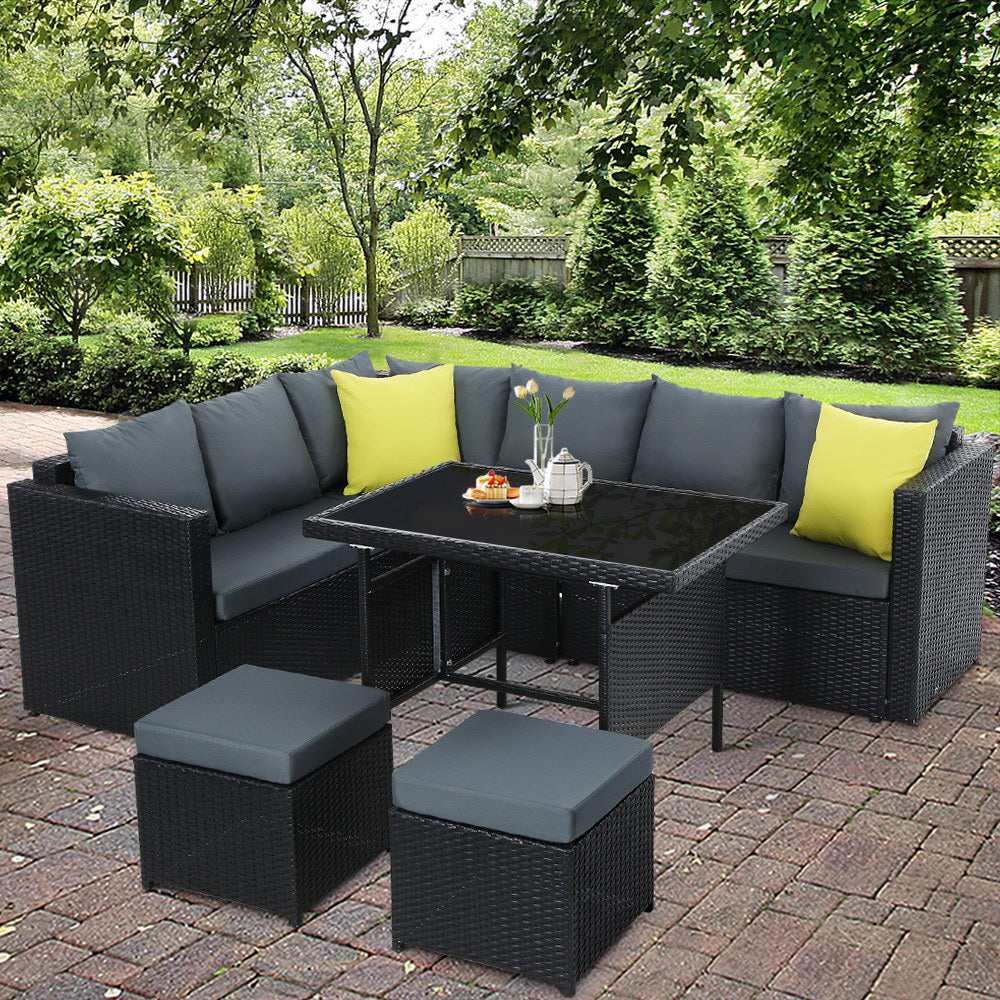 Gardeon Outdoor Dining Set Aluminum Table Chairs Wicker Setting Black - Cosy Abode