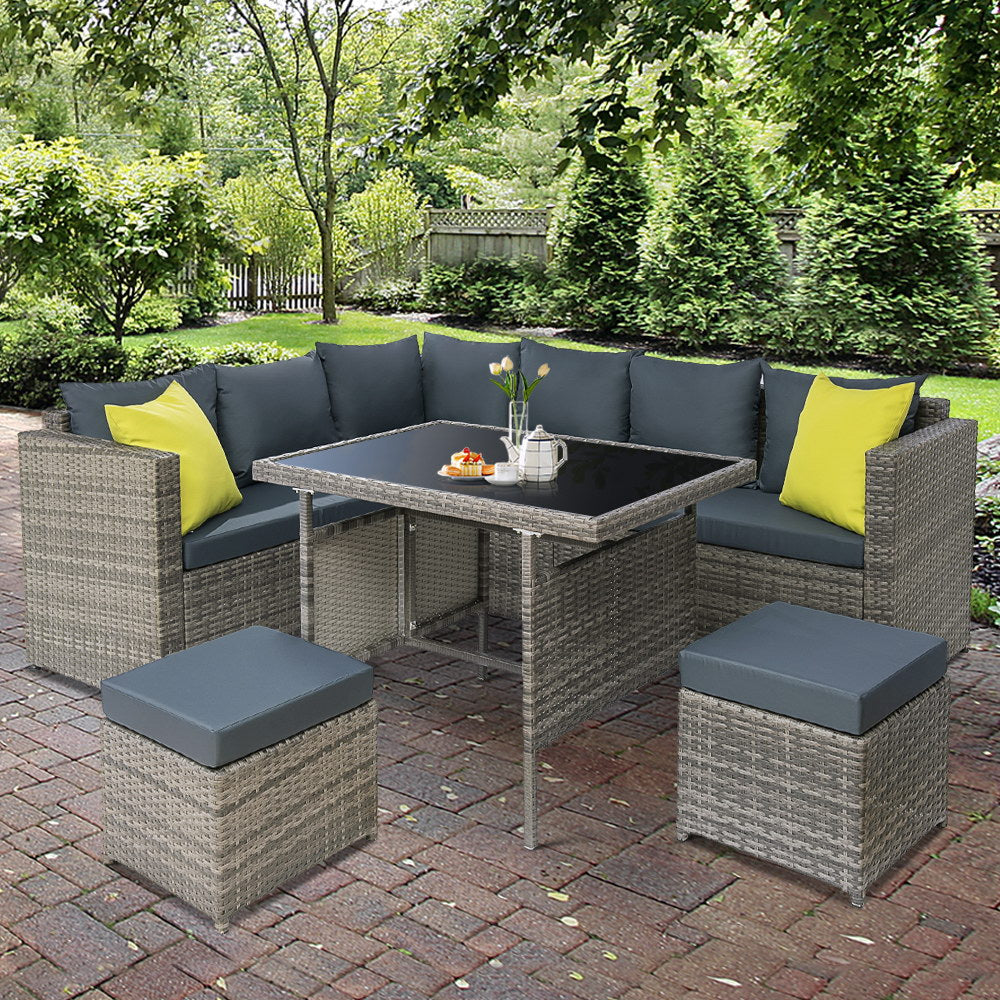 Gardeon Outdoor Dining Set Aluminum Table Chairs Wicker Setting Grey - Cosy Abode