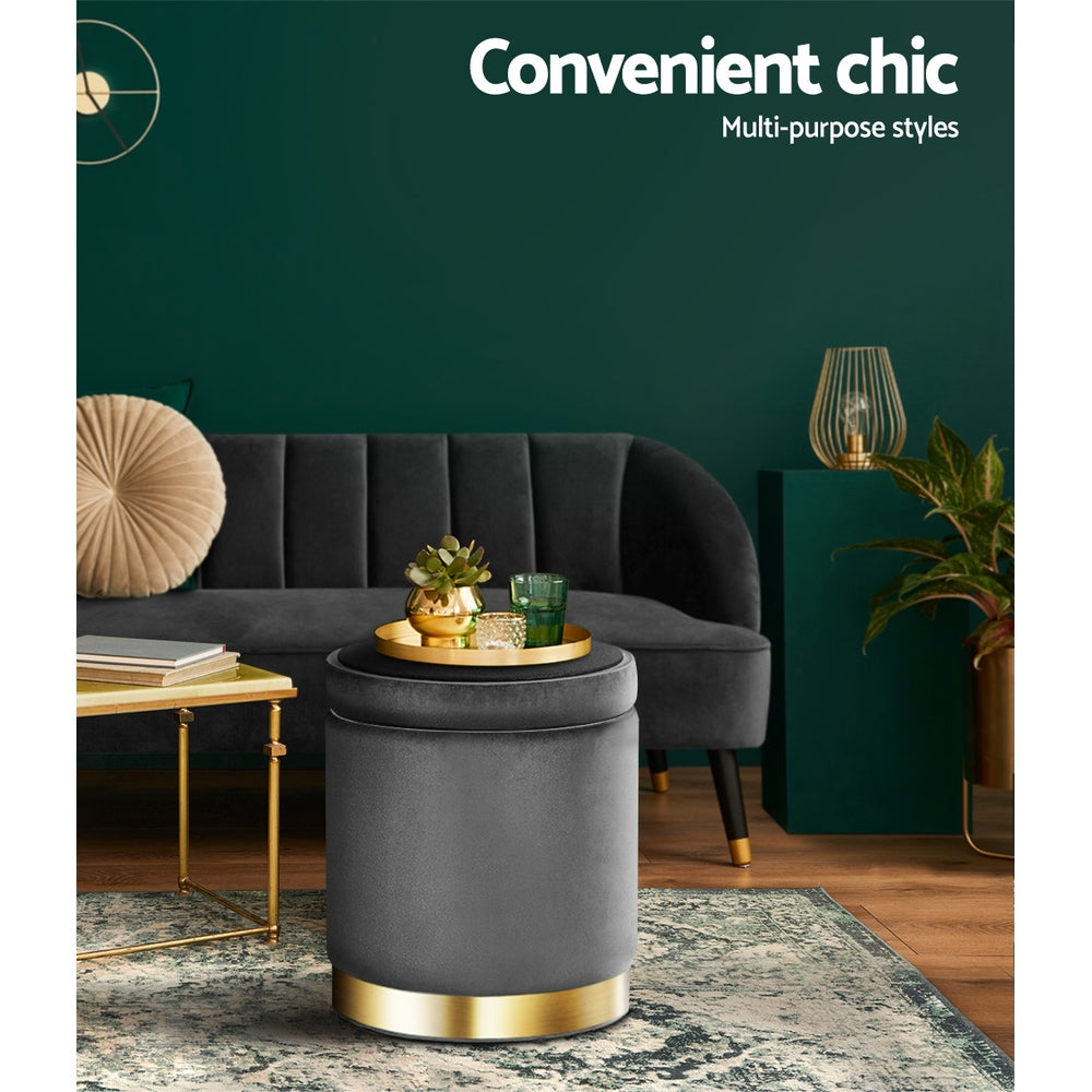 Artiss Ottoman Storage Foot Stool Round Velvet Charcoal - Cosy Abode