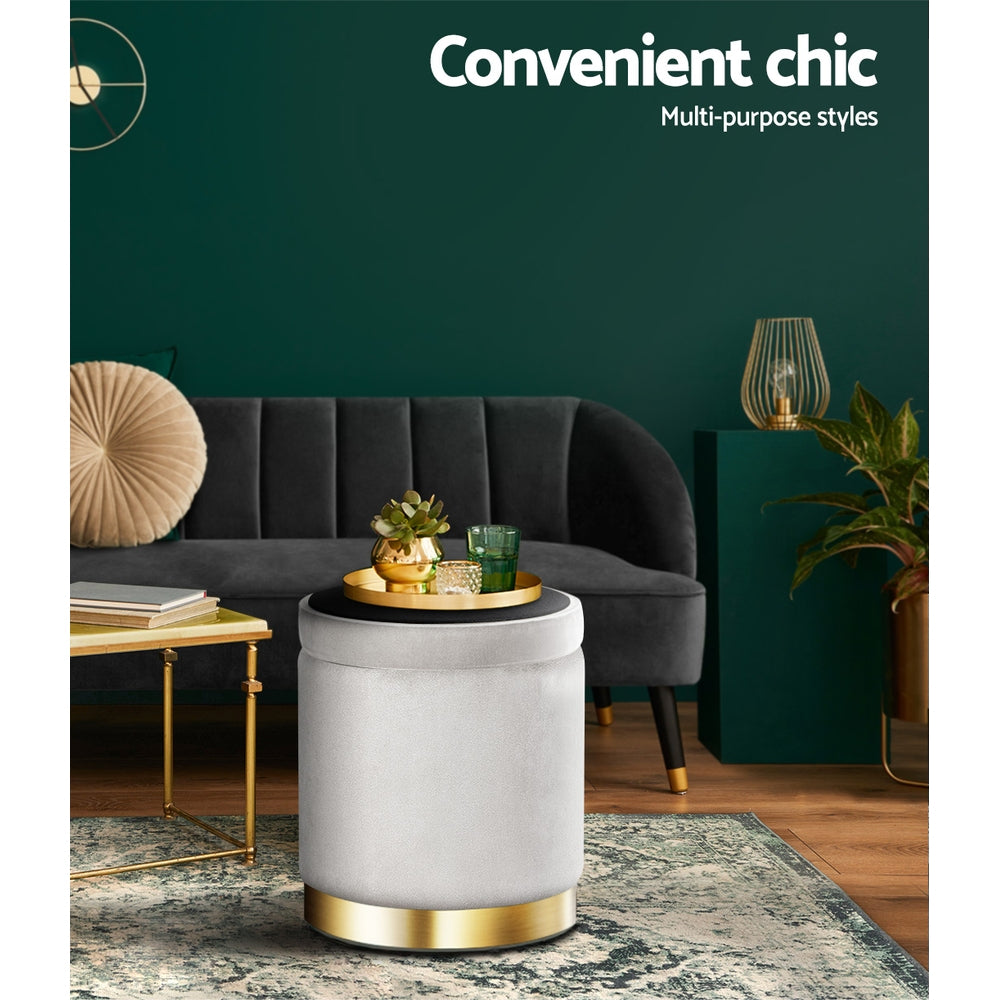 Artiss Ottoman Storage Foot Stool Round Velvet Grey - Cosy Abode