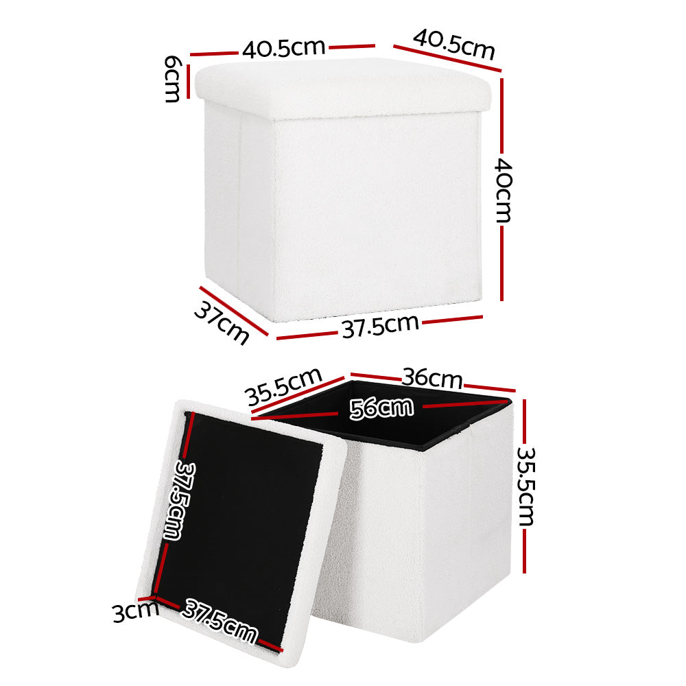 Artiss Ottoman Storage Foot Stool Square Teddy Fabric White - Cosy Abode