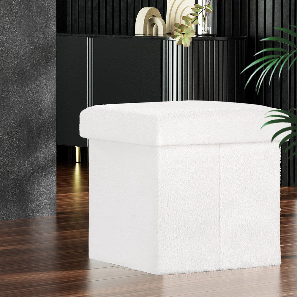 Artiss Ottoman Storage Foot Stool Square Teddy Fabric White - Cosy Abode