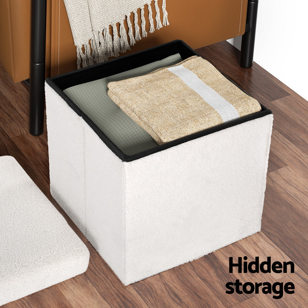 Artiss Ottoman Storage Foot Stool Square Teddy Fabric White - Cosy Abode
