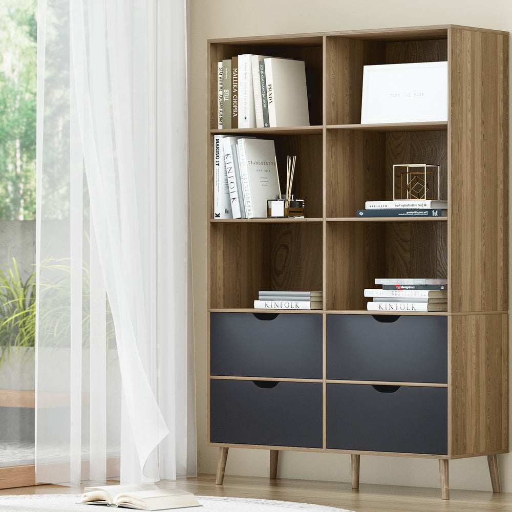 Artiss Bookshelf with 4 Drawers - MITZI Oak and Blue - Cosy Abode