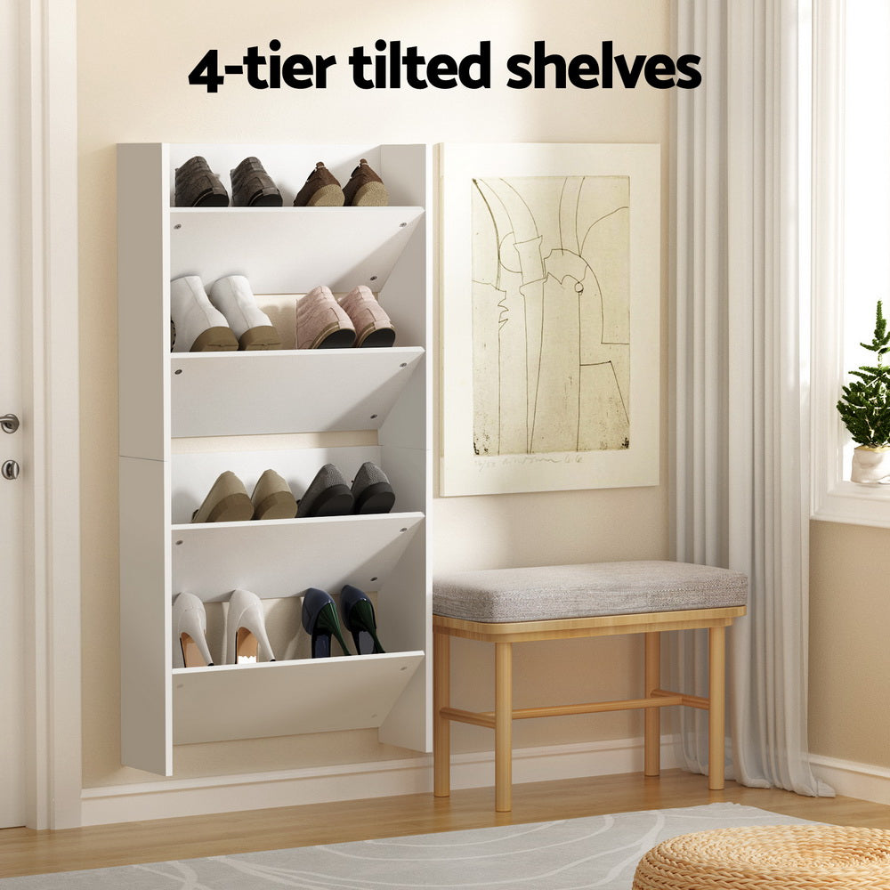 Artiss Shoe Rack 2-tier 12 Pairs Wall Mounted x2 - White - Cosy Abode
