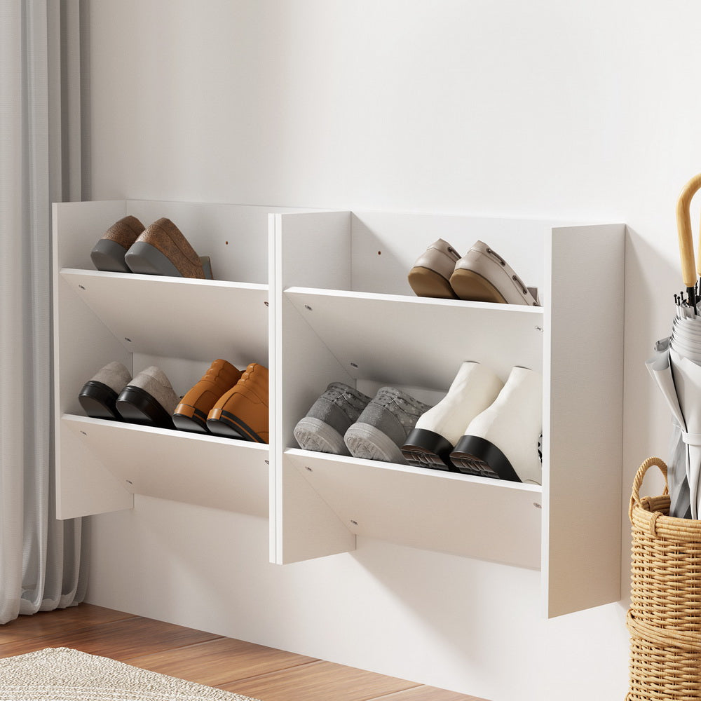 Artiss Shoe Rack 2-tier 12 Pairs Wall Mounted x2 - White - Cosy Abode