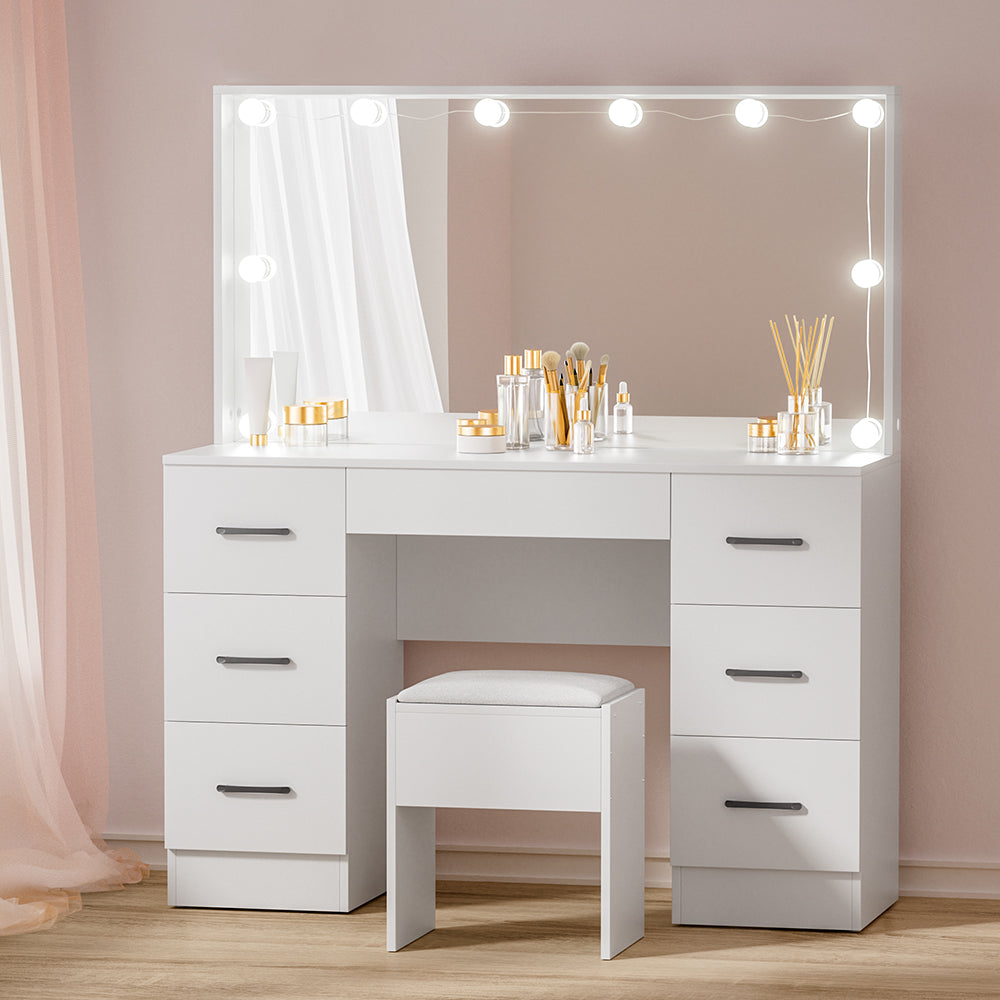Artiss Dressing Table Set Stool 10 Led Bulbs White Debbie - Cosy Abode