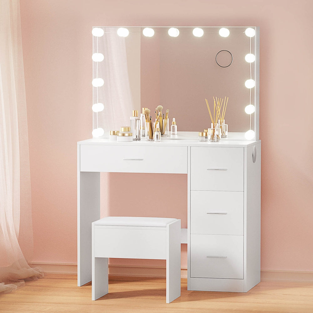 Artiss Dressing Table Set Stool 15 Led Bulbs White Darcy - Cosy Abode