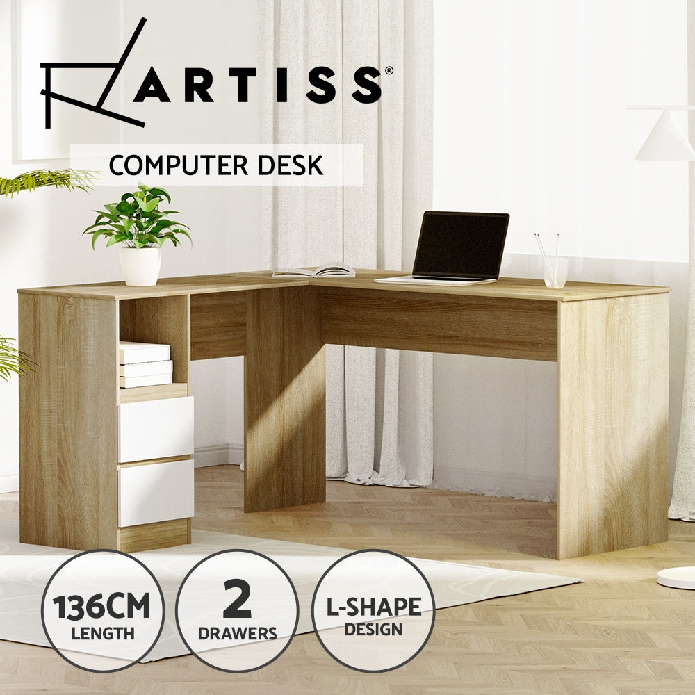 Artiss Computer Desk Drawer Cabinet L-Shape Oak 136CM - Cosy Abode