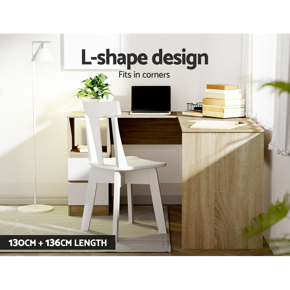 Artiss Computer Desk Drawer Cabinet L-Shape Oak 136CM - Cosy Abode