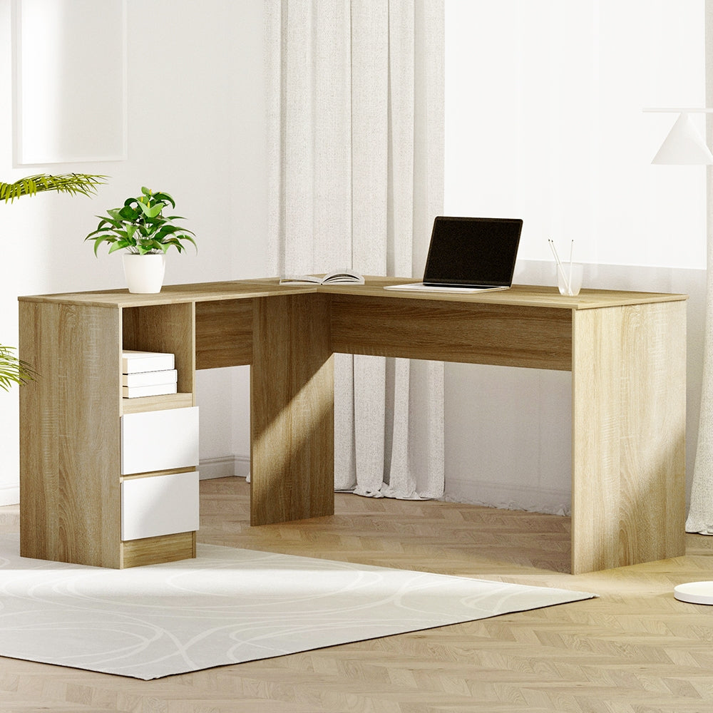Artiss Computer Desk Drawer Cabinet L-Shape Oak 136CM - Cosy Abode