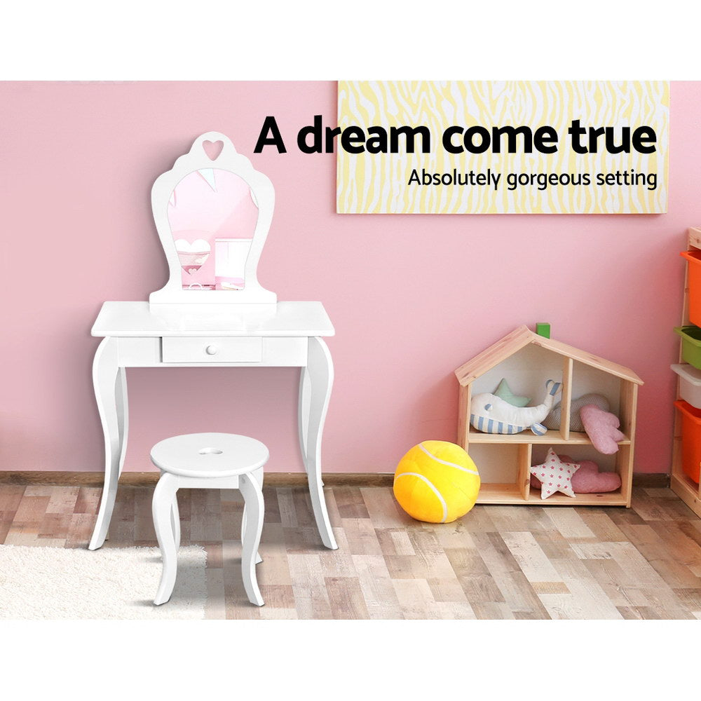 Keezi Kids Dressing Table Stool Set Vanity Mirror Princess Children Makeup White - Cosy Abode