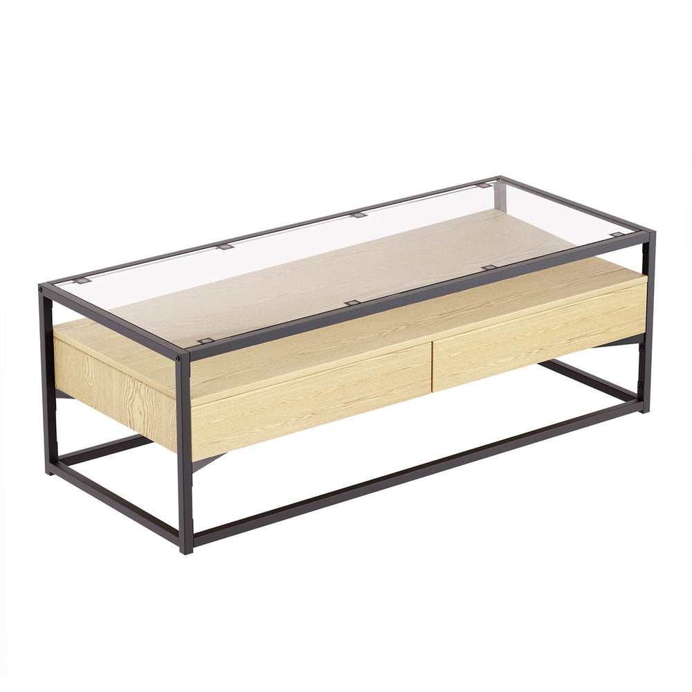 Artiss Coffee Table 2 Drawers Glass Tabletop Pine - Cosy Abode