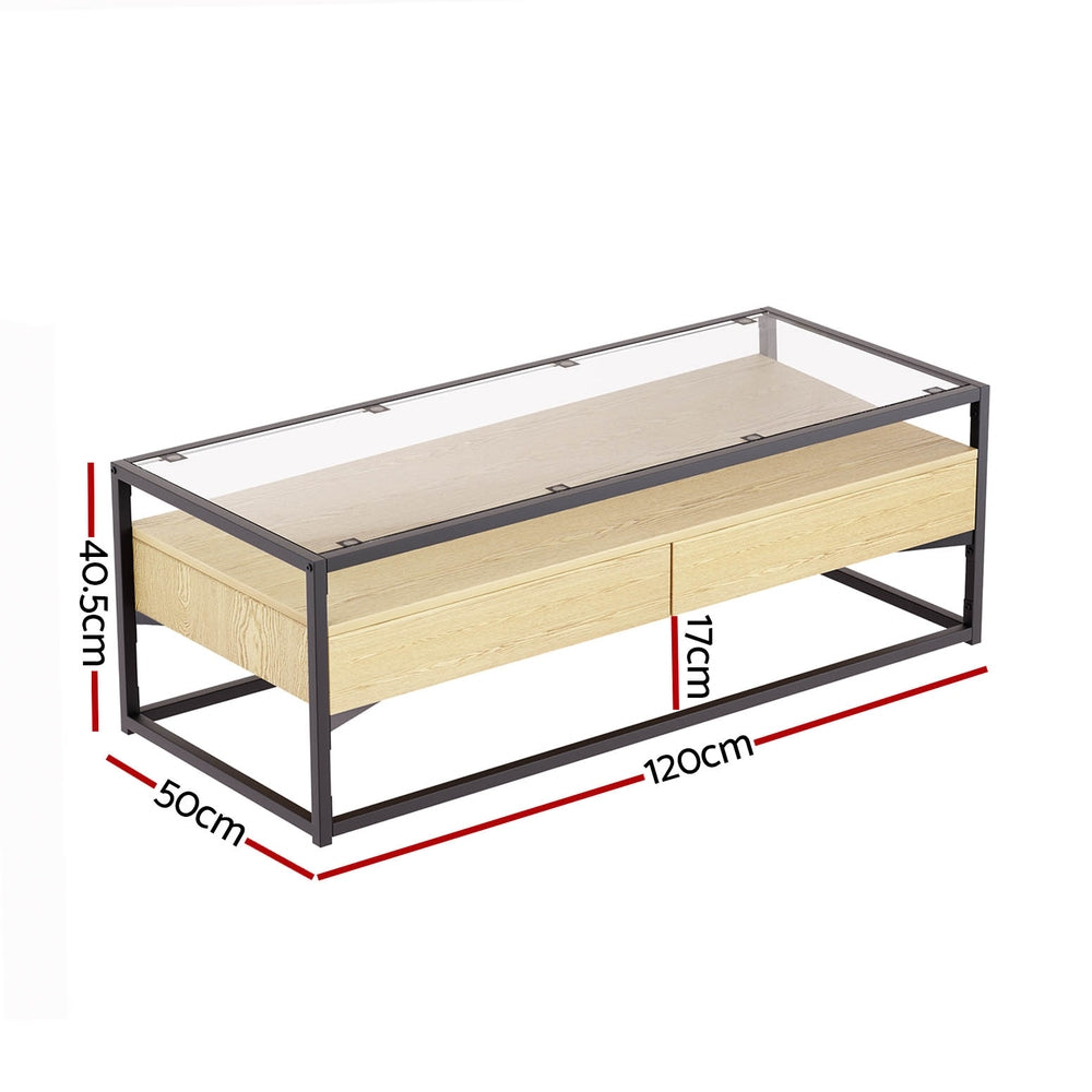 Artiss Coffee Table 2 Drawers Glass Tabletop Pine - Cosy Abode