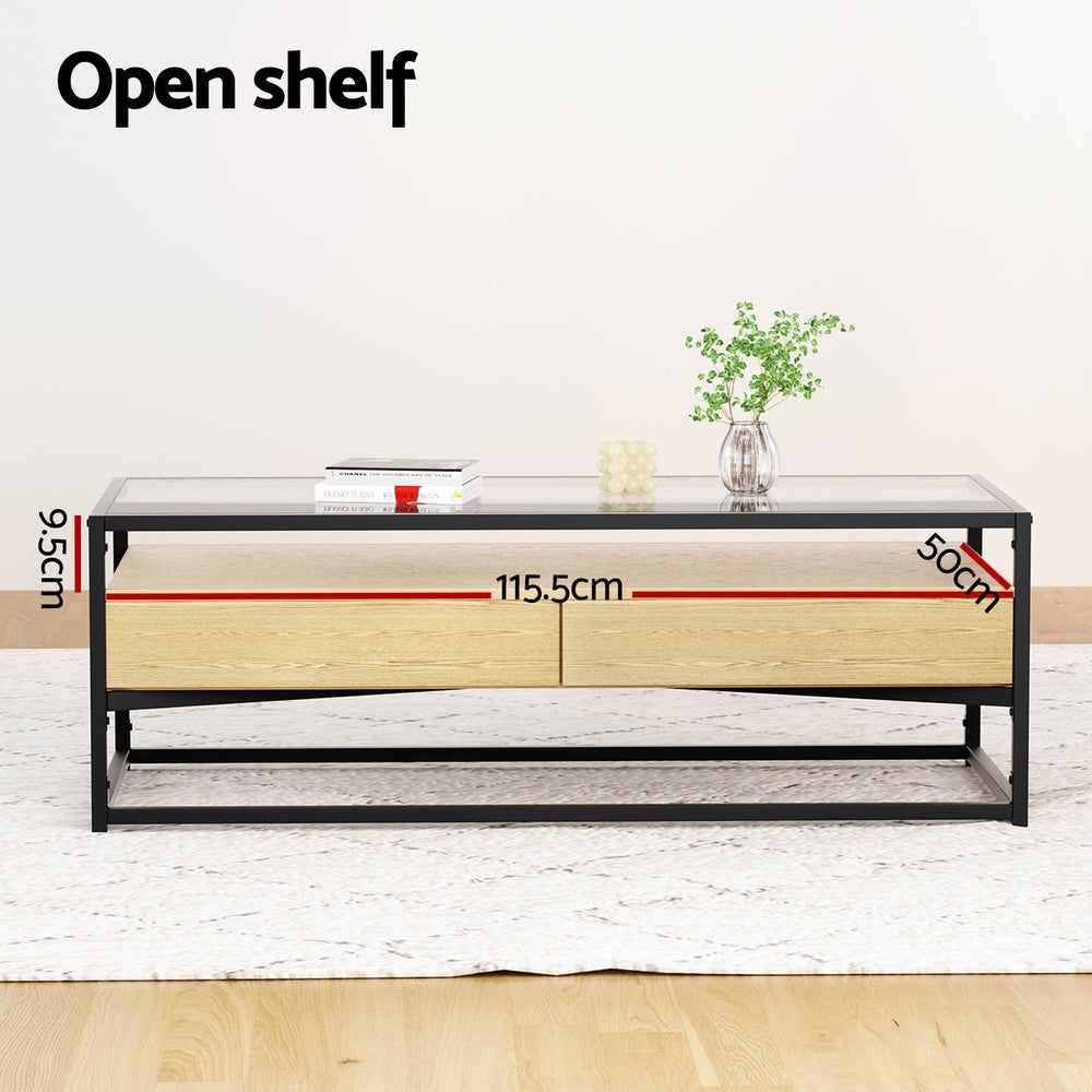 Artiss Coffee Table 2 Drawers Glass Tabletop Pine - Cosy Abode