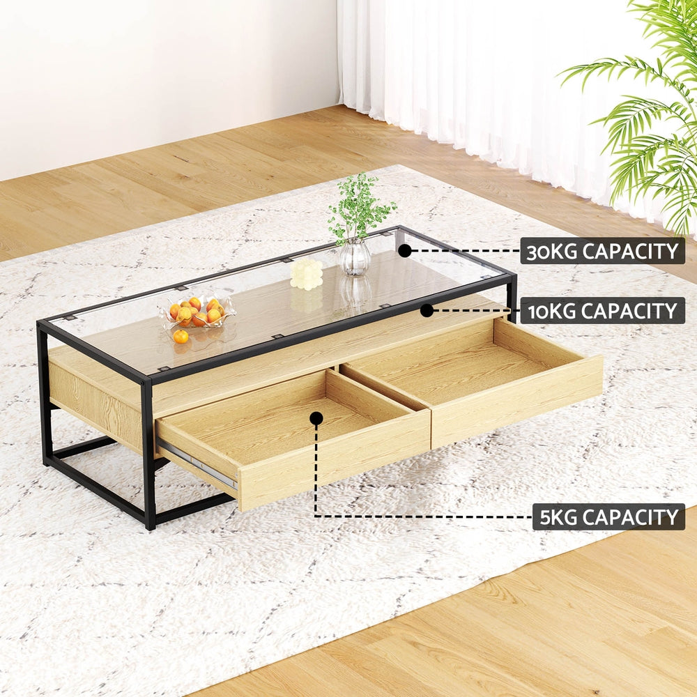 Artiss Coffee Table 2 Drawers Glass Tabletop Pine - Cosy Abode
