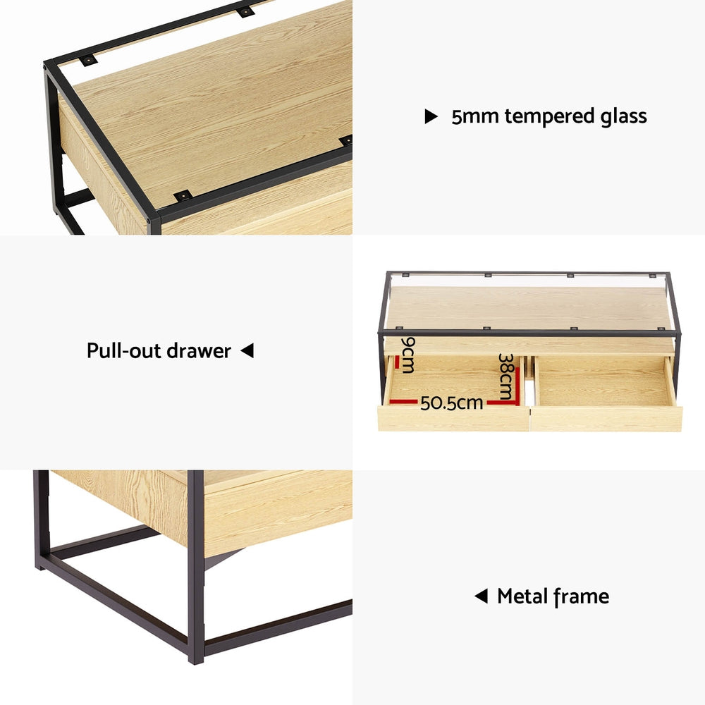 Artiss Coffee Table 2 Drawers Glass Tabletop Pine - Cosy Abode