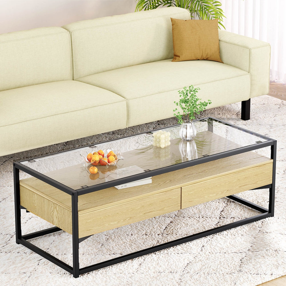 Artiss Coffee Table 2 Drawers Glass Tabletop Pine - Cosy Abode