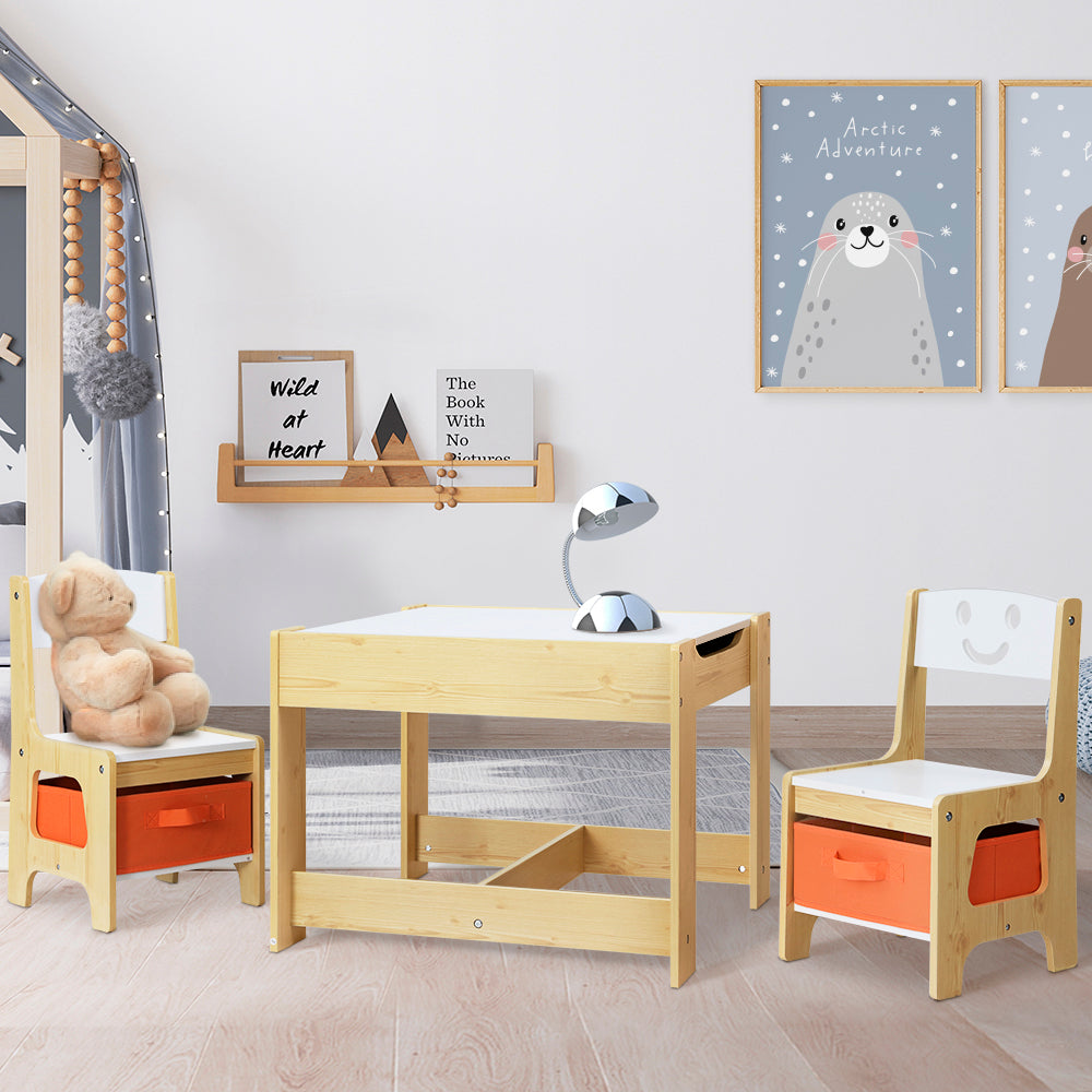 Keezi 3PCS Kids Table and Chairs Set Activity Desk Chalkboard Toys Storage Box - Cosy Abode