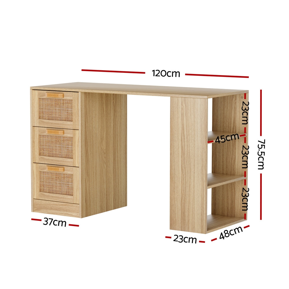 Artiss Computer Desk Drawer Shelf Home Office Study Table Rattan Oak 120CM - Cosy Abode