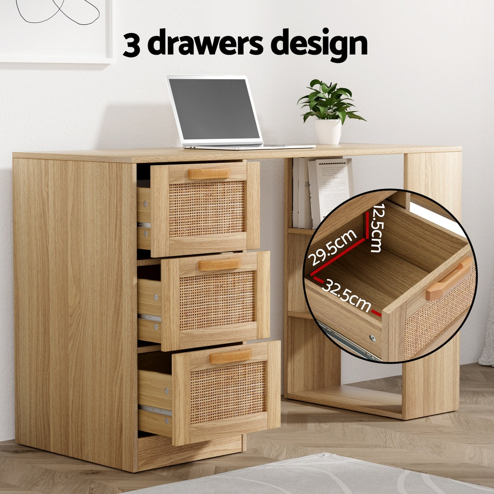Artiss Computer Desk Drawer Shelf Home Office Study Table Rattan Oak 120CM - Cosy Abode