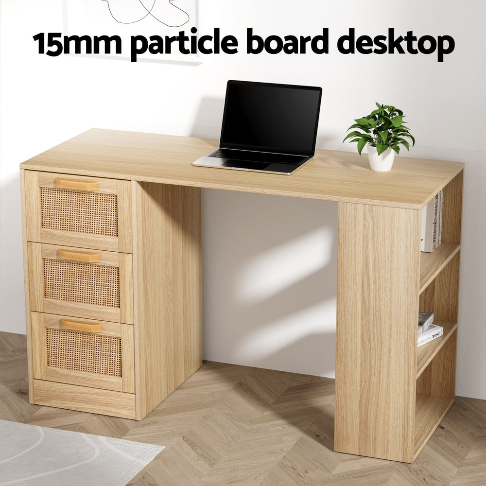 Artiss Computer Desk Drawer Shelf Home Office Study Table Rattan Oak 120CM - Cosy Abode