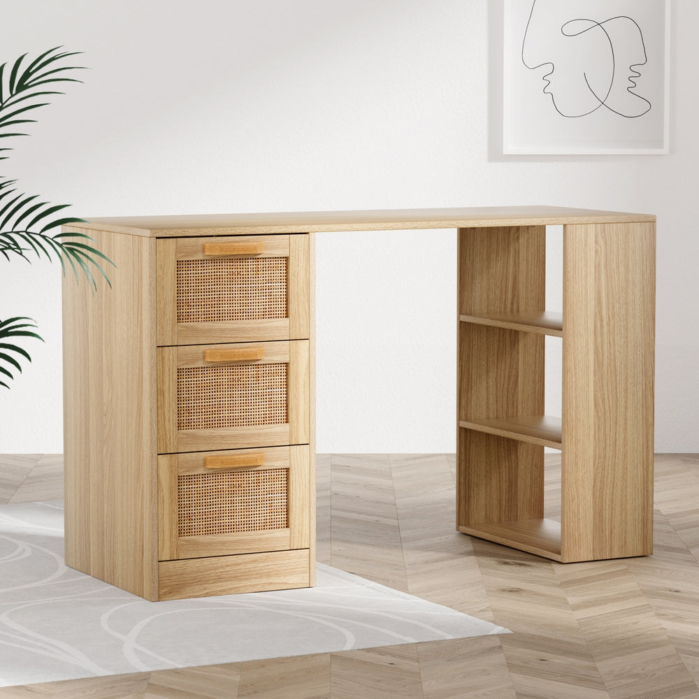 Artiss Computer Desk Drawer Shelf Home Office Study Table Rattan Oak 120CM - Cosy Abode