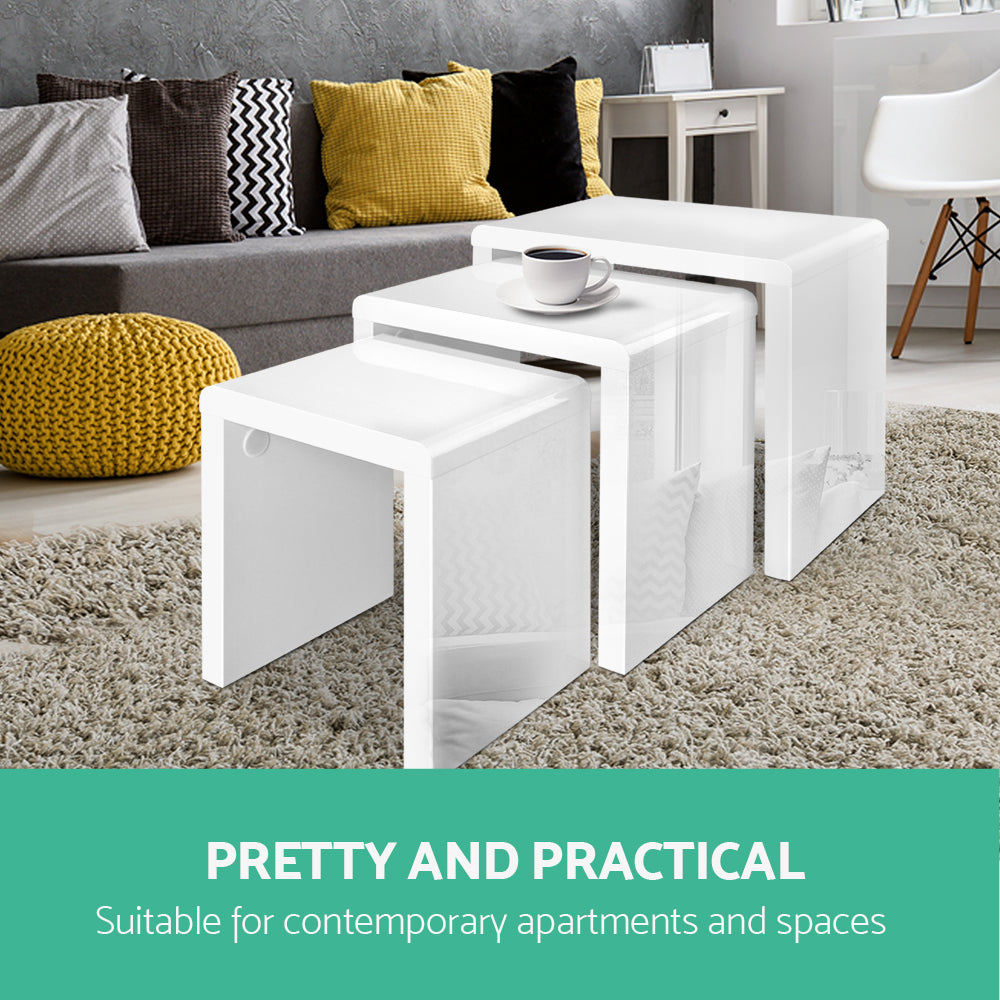 Artiss Nesting Coffee Table Set of 3 Glossy White - Cosy Abode