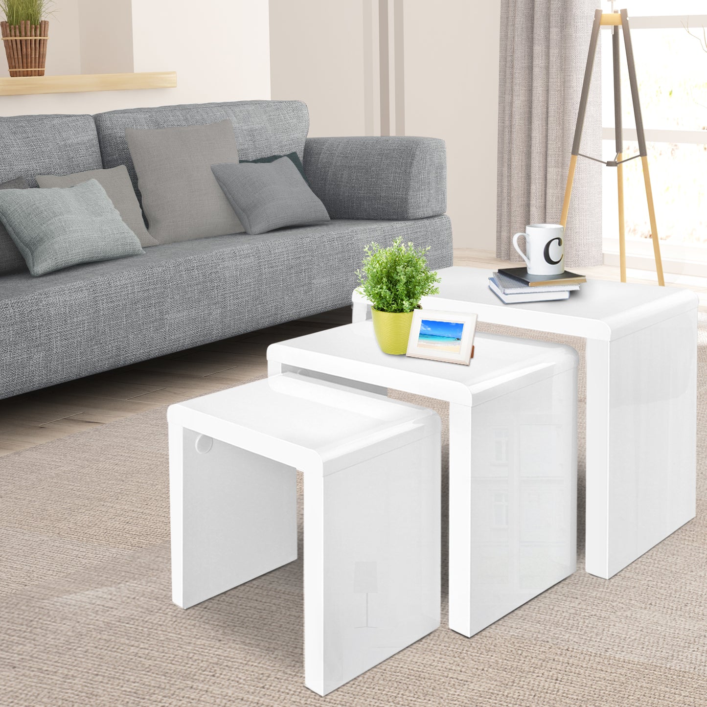 Artiss Nesting Coffee Table Set of 3 Glossy White - Cosy Abode