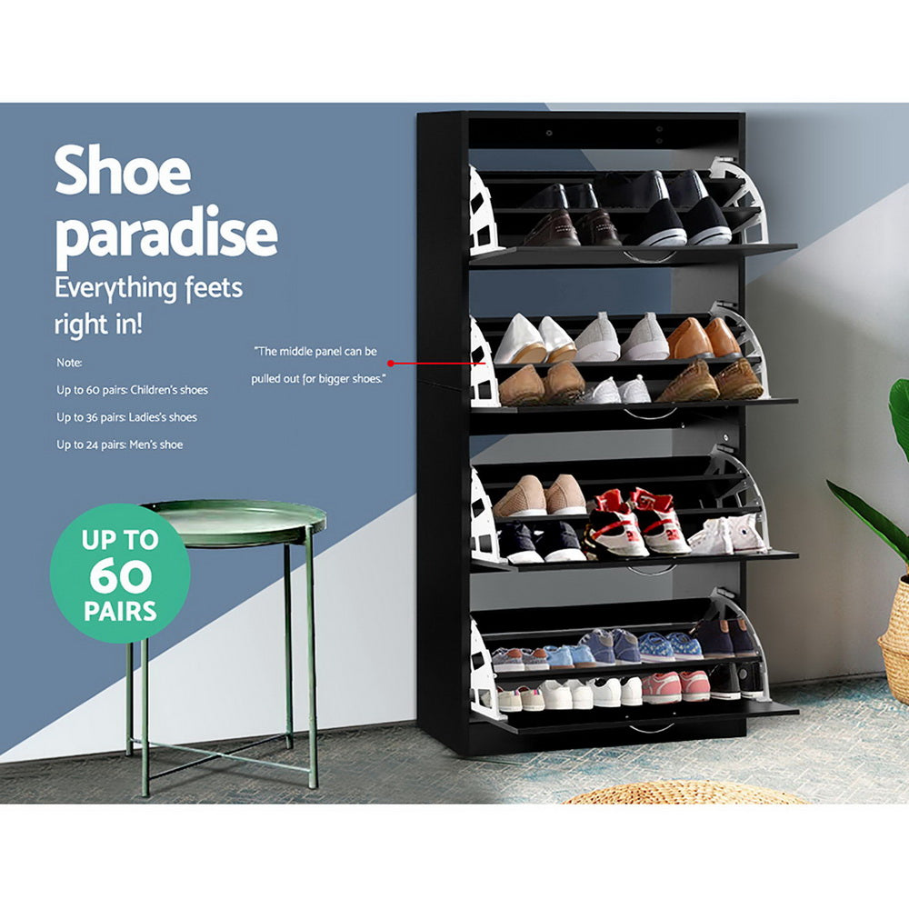 Artiss Shoe Rack Storage Shelf Cabinet 60 Pairs 4 Doors - Black - Cosy Abode