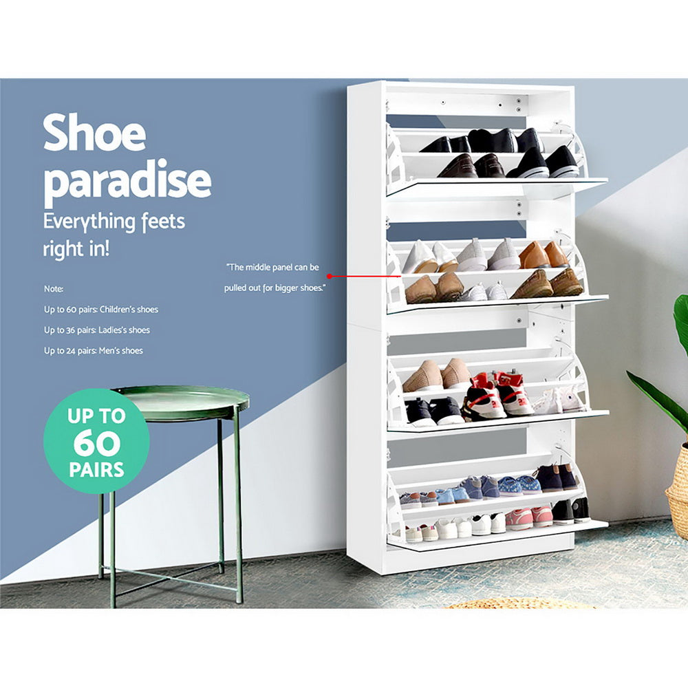 Artiss Shoe Rack Cabinet Mirror 60 Pairs White Rira - Cosy Abode