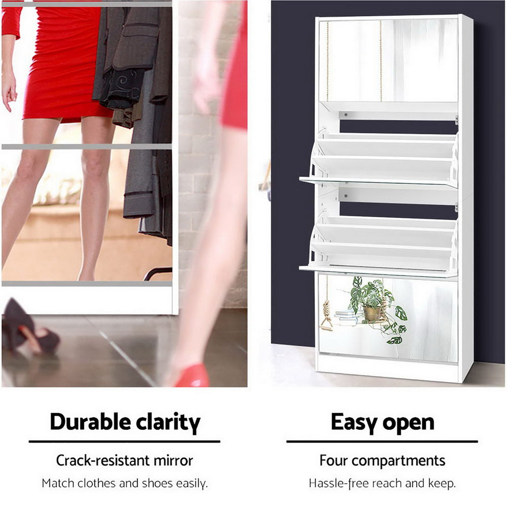 Artiss Shoe Rack Cabinet Mirror 60 Pairs White Rira - Cosy Abode
