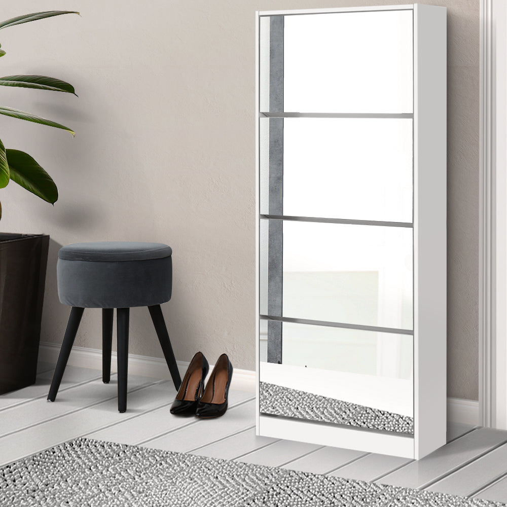Artiss Shoe Rack Cabinet Mirror 60 Pairs White Rira - Cosy Abode