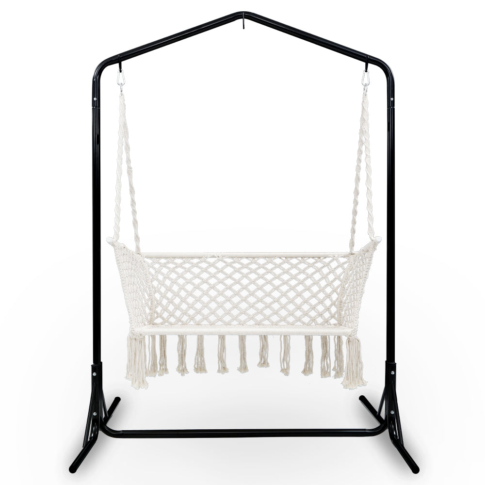 Gardeon Garden Hammock Chair with Stand Macrame 2 Seater - Cream - Cosy Abode