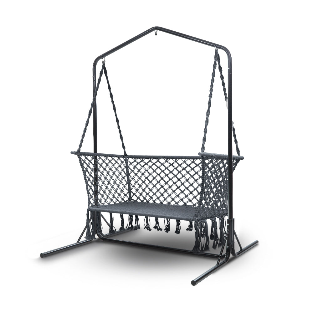 Gardeon Garden Hammock Chair with Stand Macrame 2 Seater - Cream - Cosy Abode