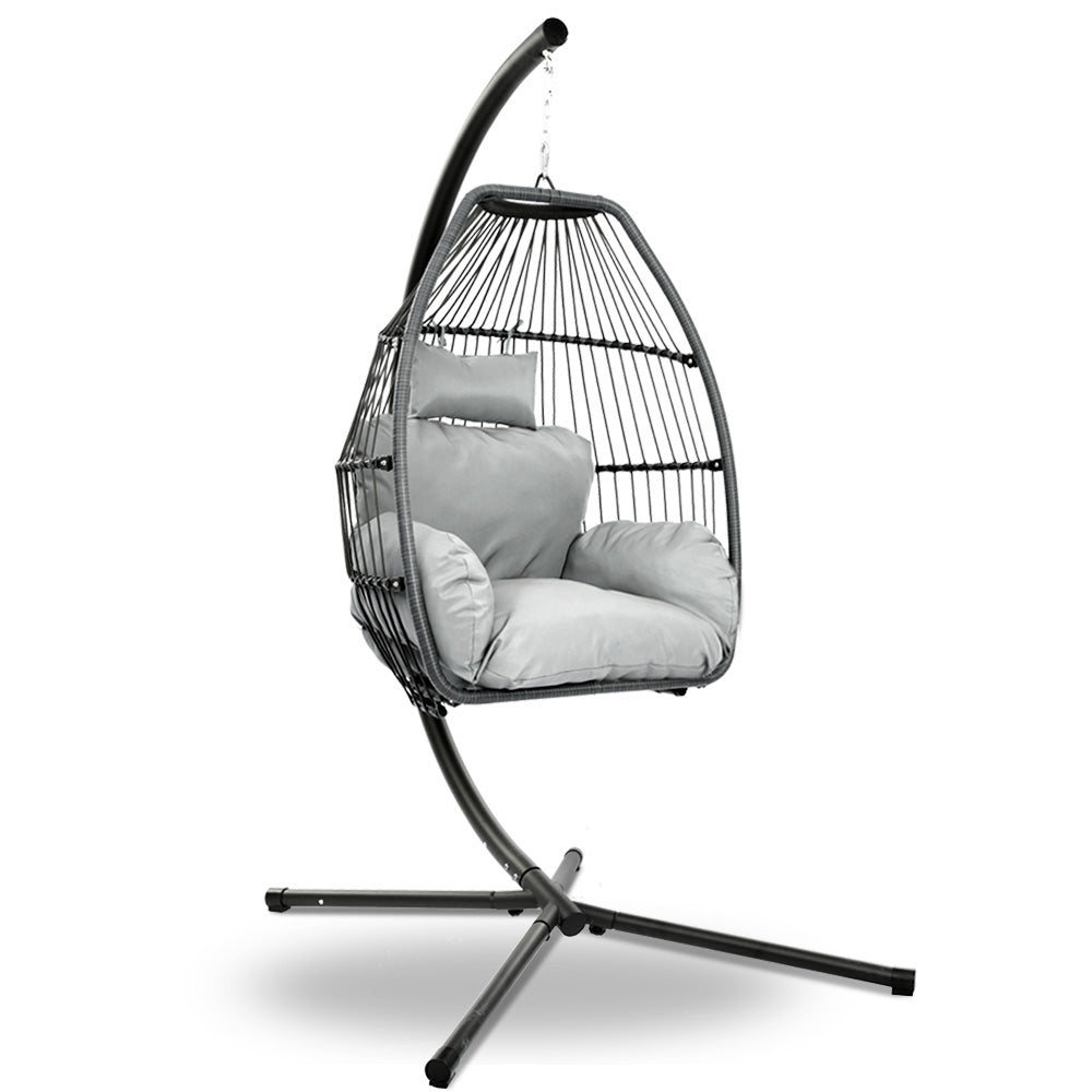 Gardeon Wicker Outdoor Furniture Egg Swing with Cushion & Pod Stand - Grey - Cosy Abode