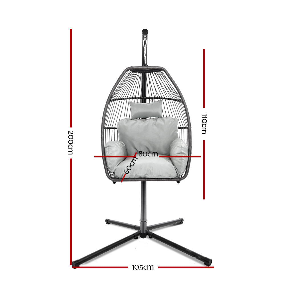 Gardeon Wicker Outdoor Furniture Egg Swing with Cushion & Pod Stand - Grey - Cosy Abode