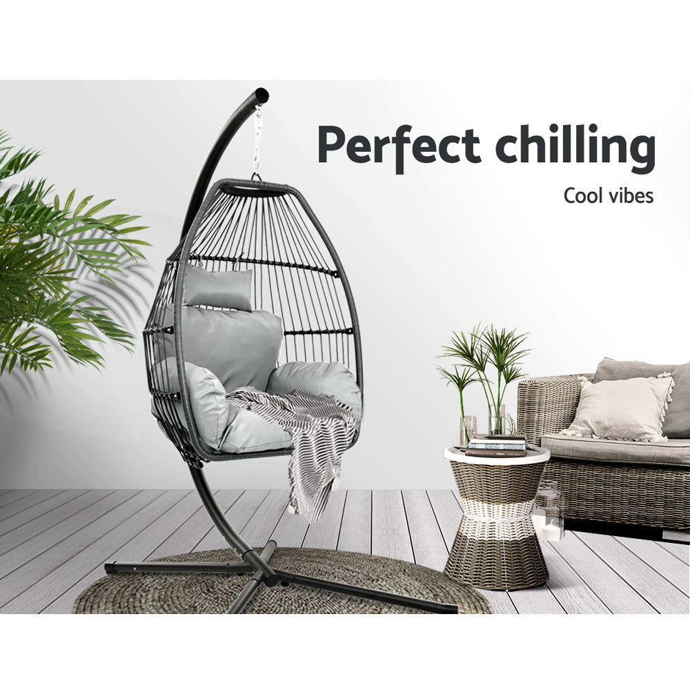 Gardeon Wicker Outdoor Furniture Egg Swing with Cushion & Pod Stand - Grey - Cosy Abode