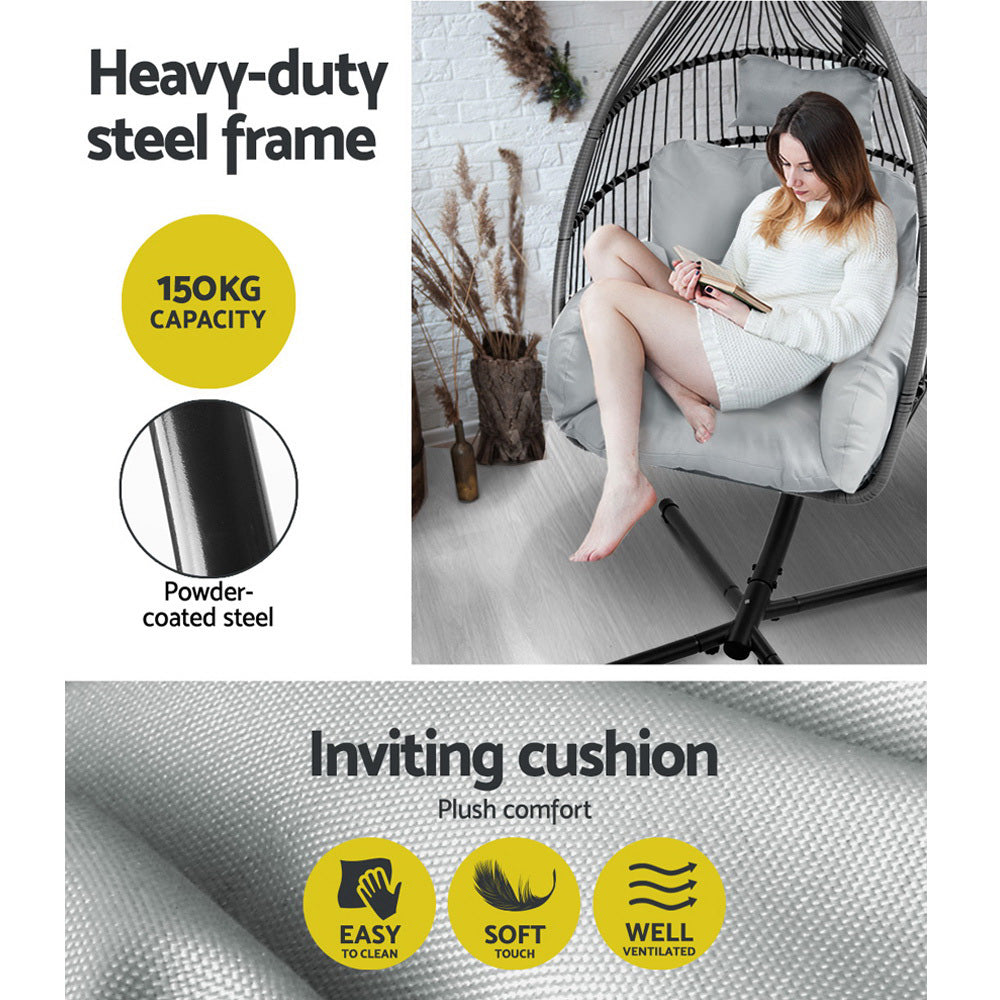 Gardeon Wicker Outdoor Furniture Egg Swing with Cushion & Pod Stand - Grey - Cosy Abode