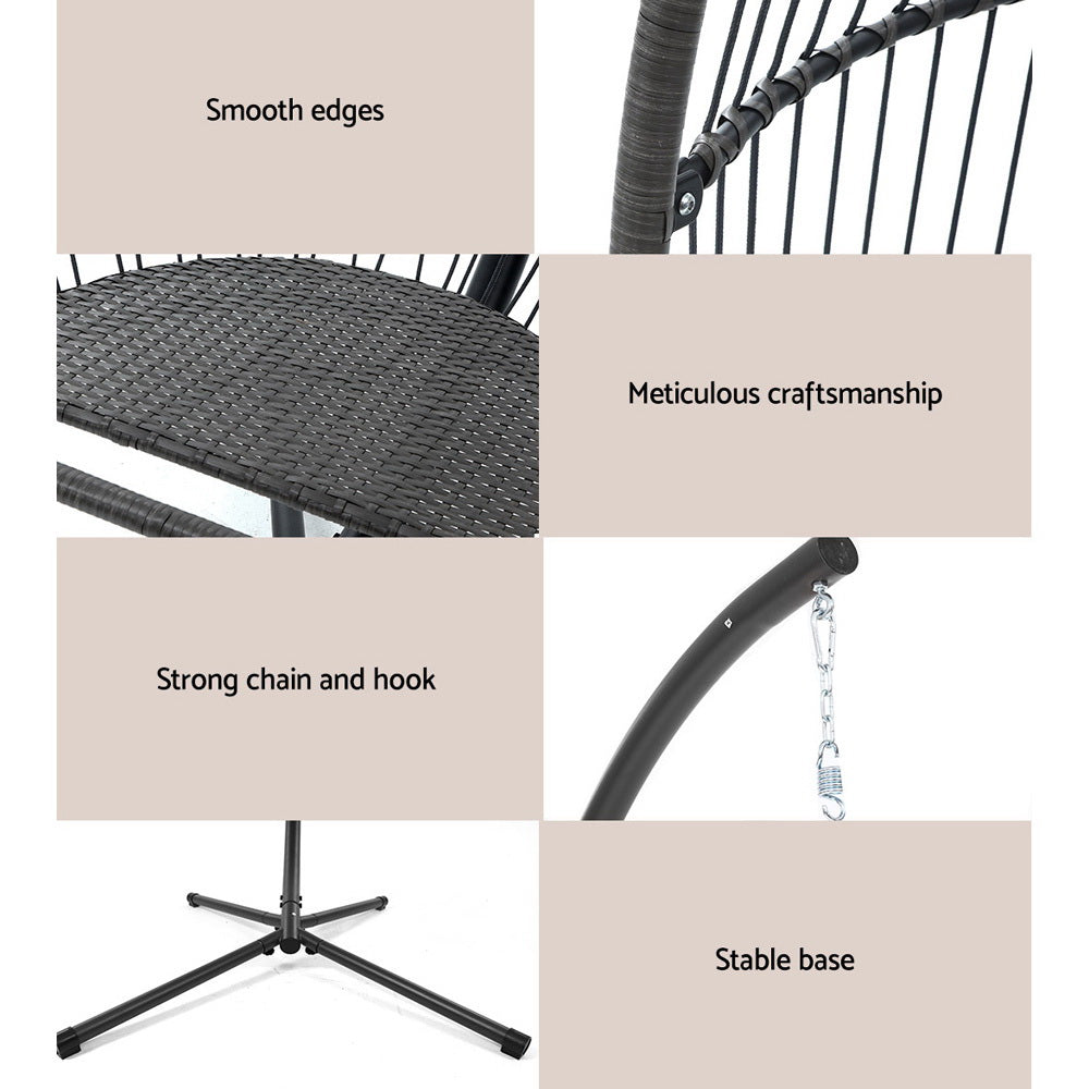 Gardeon Wicker Outdoor Furniture Egg Swing with Cushion & Pod Stand - Grey - Cosy Abode
