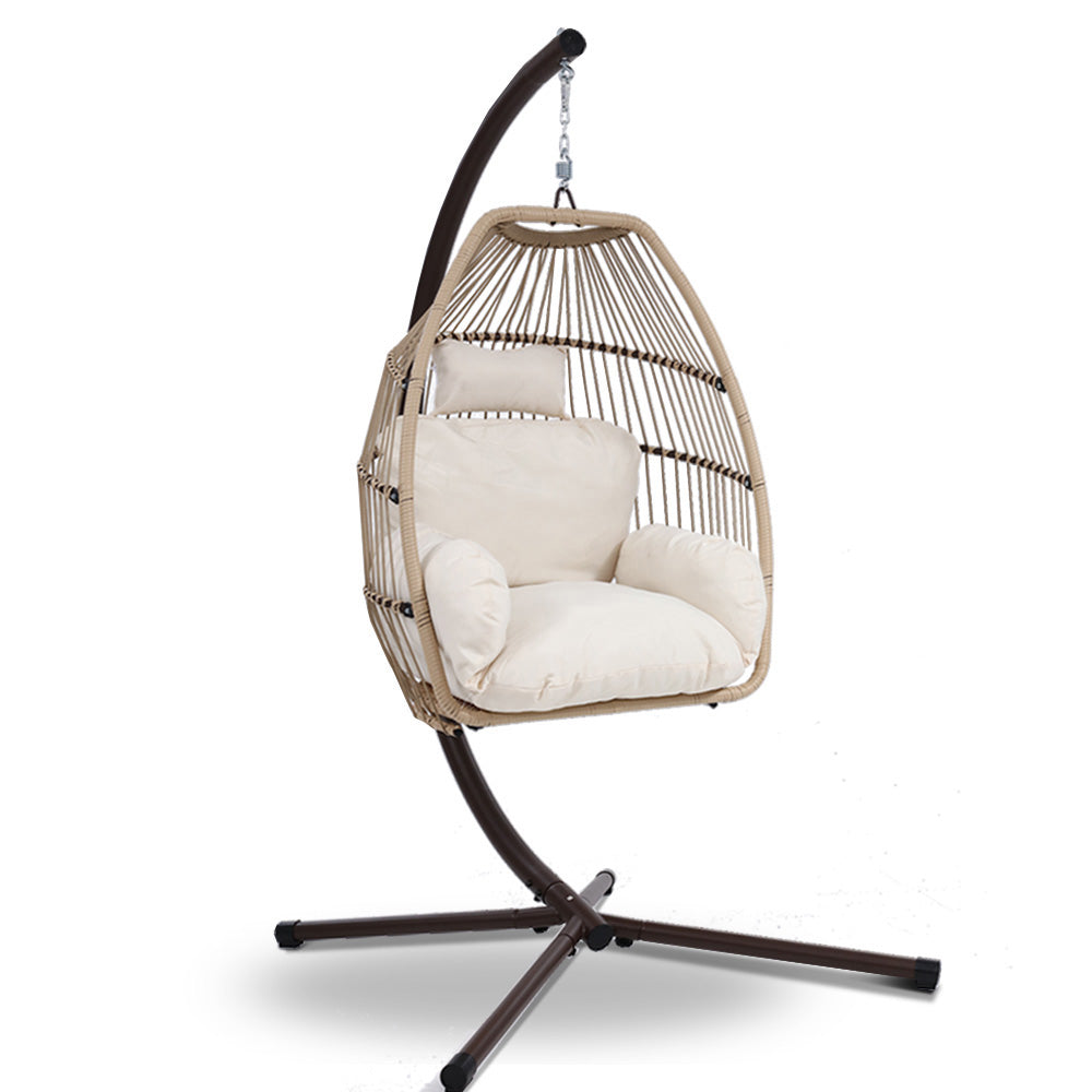 Gardeon Wicker Outdoor Furniture Egg Swing with Cushion & Pod Stand - Latte - Cosy Abode