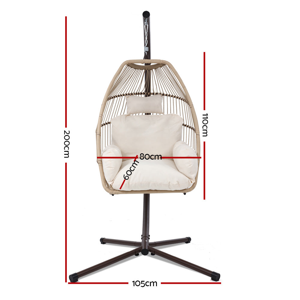 Gardeon Wicker Outdoor Furniture Egg Swing with Cushion & Pod Stand - Latte - Cosy Abode